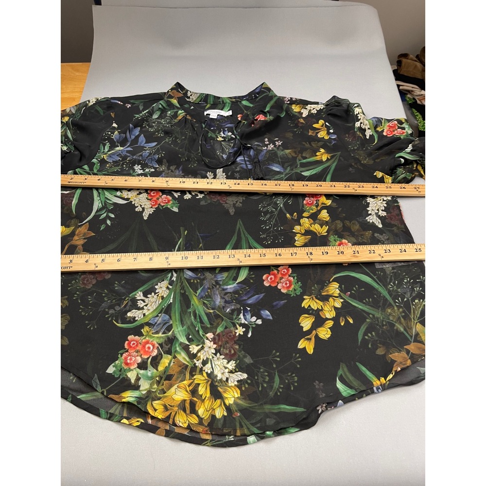 Chicos Black Floral Chiffon Blouse Tassel Tie Ruffle Sleeve Top Size 3.5 US 18 - Picture 9 of 10